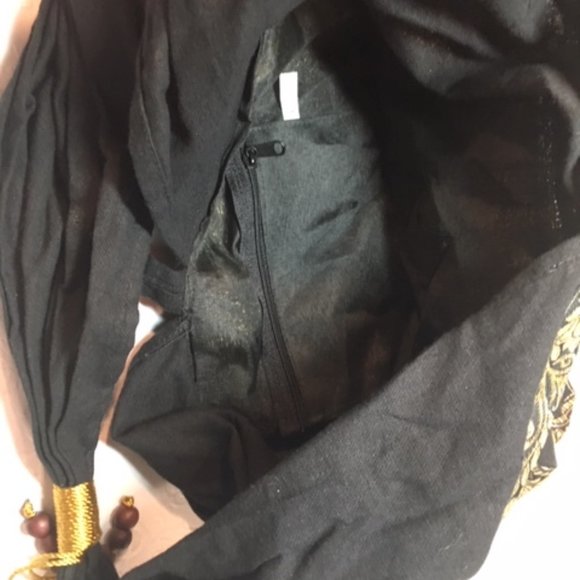 HOBO Hippie Bag 100% Cotton Metallic Handmade Elephant Emblem Black Gold - Picture 8 of 10